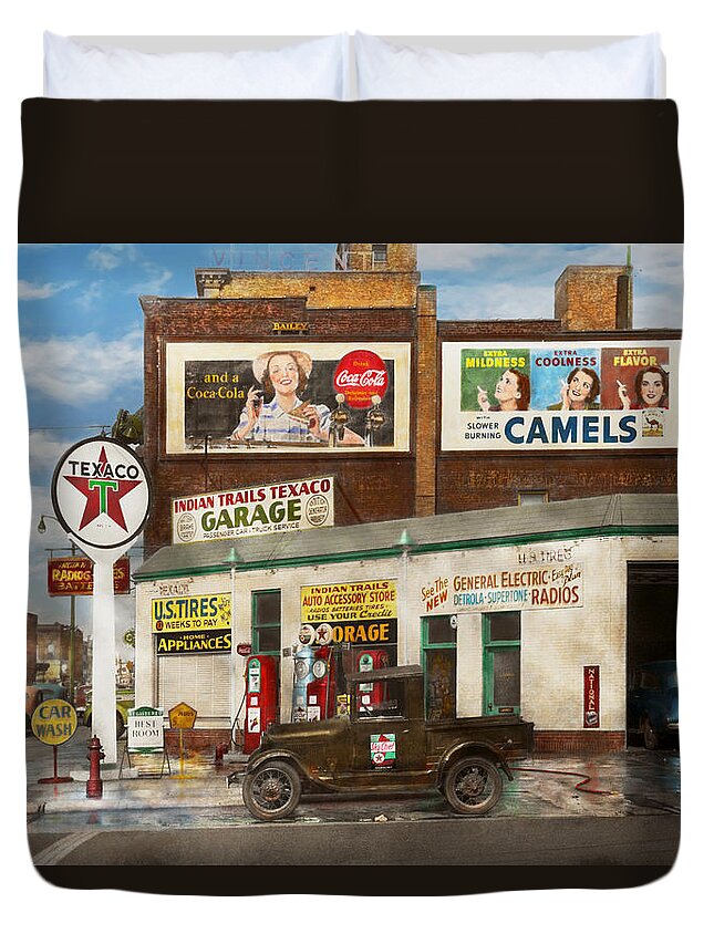 Signs Duvet Cover featuring the photograph Gas Station - Benton Harbor MI - Indian Trails gas station 1940 by Mike Savad