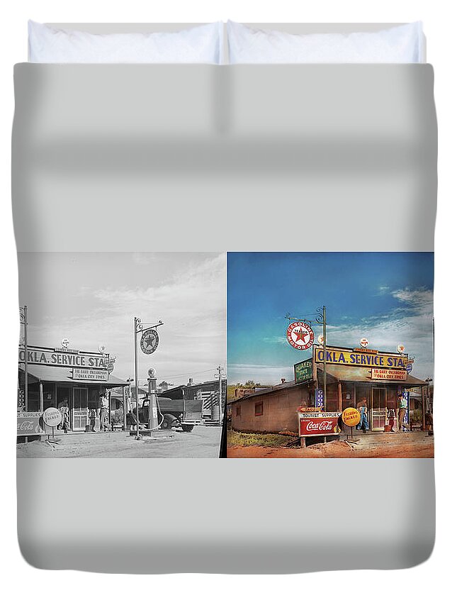 Color Duvet Cover featuring the photograph Gas Station - Oklahoma Service Station 1939 - Side by Side by Mike Savad