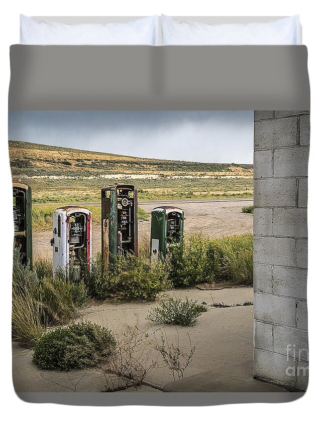 Gas Station Relics Duvet Cover featuring the photograph Gas Station Relics by Priscilla Burgers