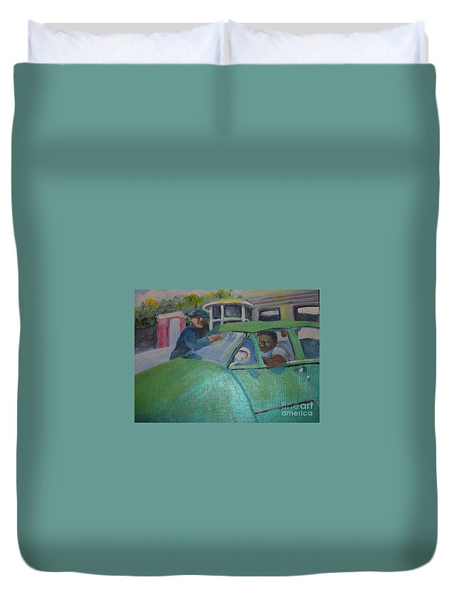 Gas Station Duvet Cover featuring the painting Gas Station by Saundra Johnson