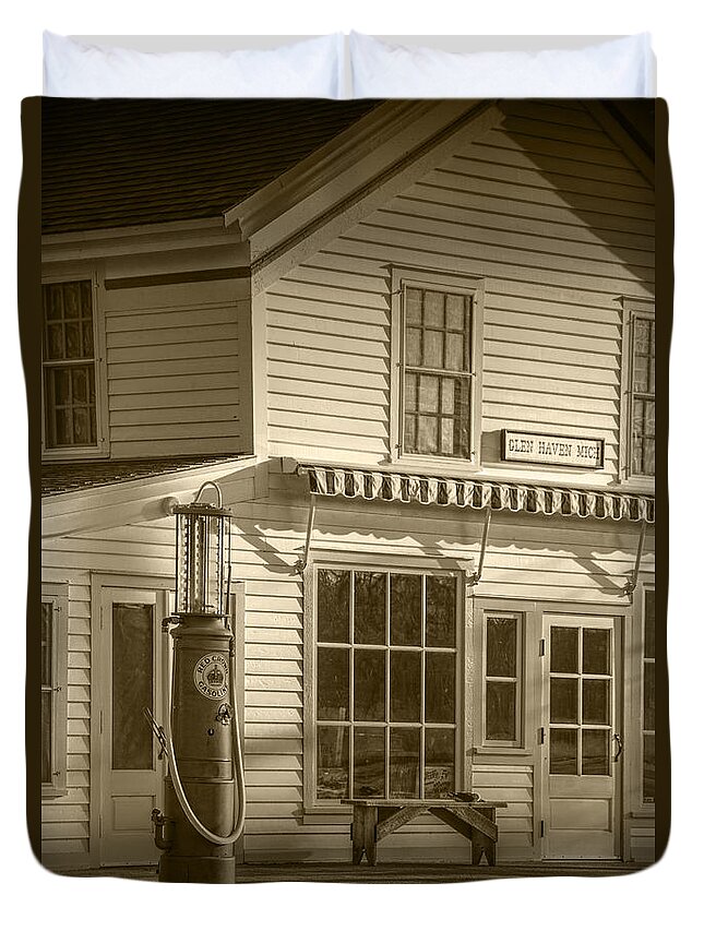 Art Duvet Cover featuring the photograph Gasoline Pump in Glen Haven in Sepia by Randall Nyhof