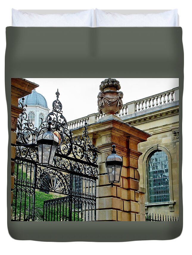 Gate Duvet Cover featuring the photograph Gate to Clare College. Cambridge. by Elena Perelman