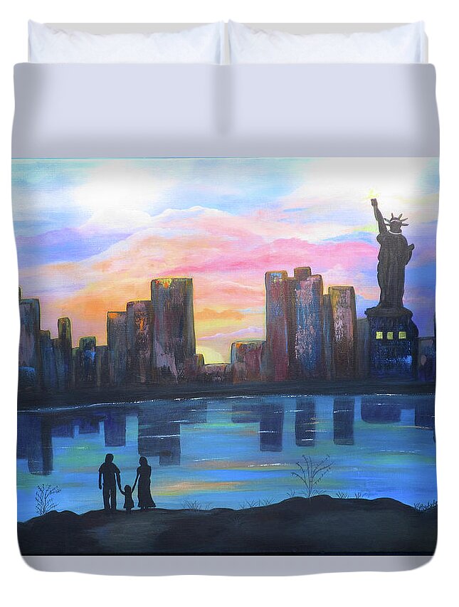 Sunset Duvet Cover featuring the painting Gazing at Liberty by Mikki Alhart