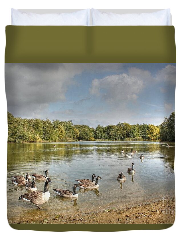 Texture Duvet Cover featuring the photograph Geese on the Lake HDR by Vicki Spindler