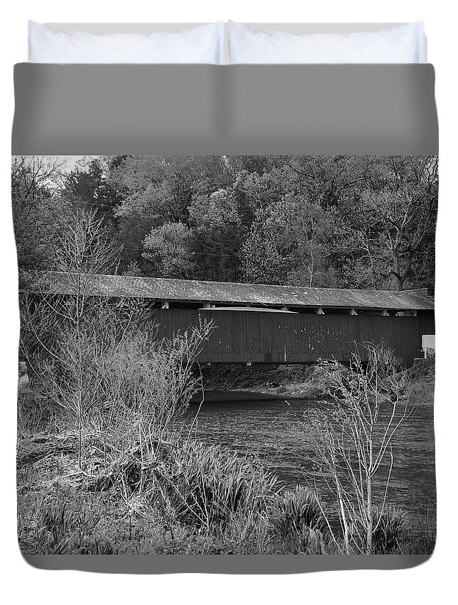 Covered Duvet Cover featuring the photograph Geiger Covered Bridge b/w by Jennifer Ancker