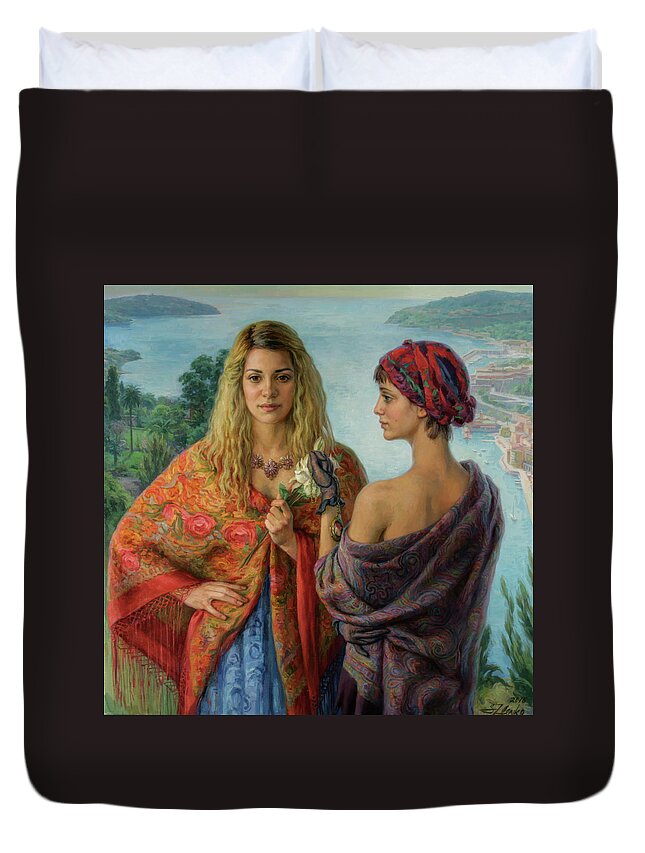  Portraits Of Twin Sisters Duvet Cover featuring the painting Gemelli by Serguei Zlenko