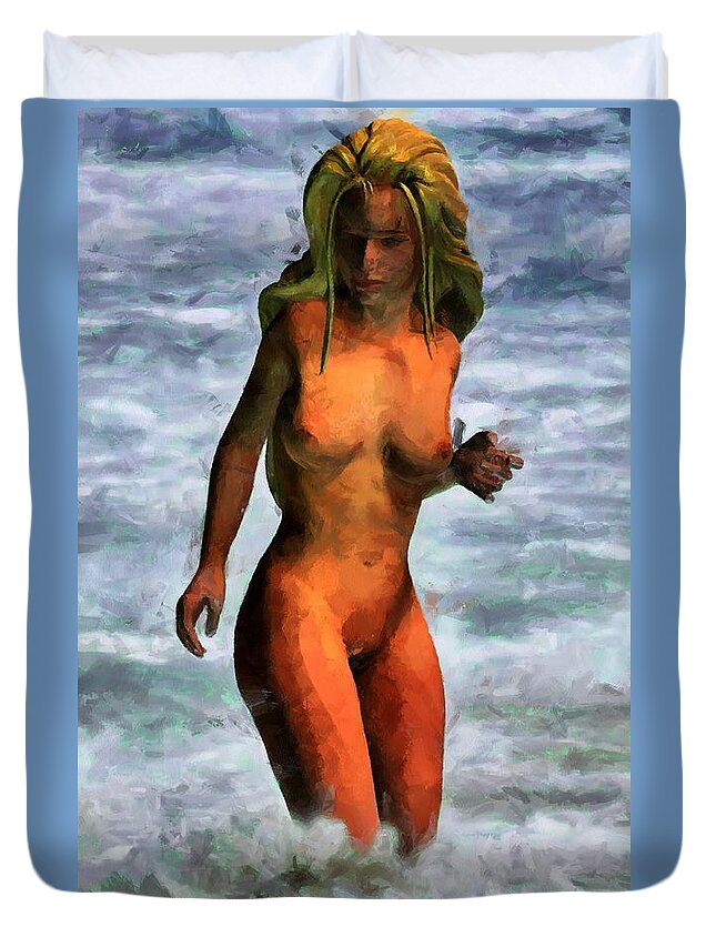Woman Jumping Waves Duvet Cover featuring the digital art Genie Jumping Waves by Caito Junqueira