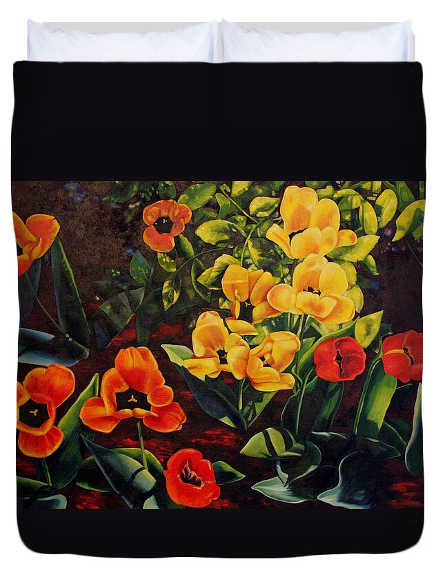 Oil Painting Duvet Cover featuring the painting Gently Inhale the Tulips by Tamara Kulish