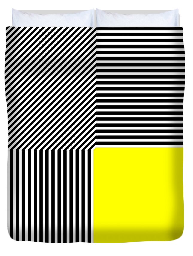 Square Duvet Cover featuring the drawing Geometric abstract black and white stripes yellow square by Heidi De Leeuw