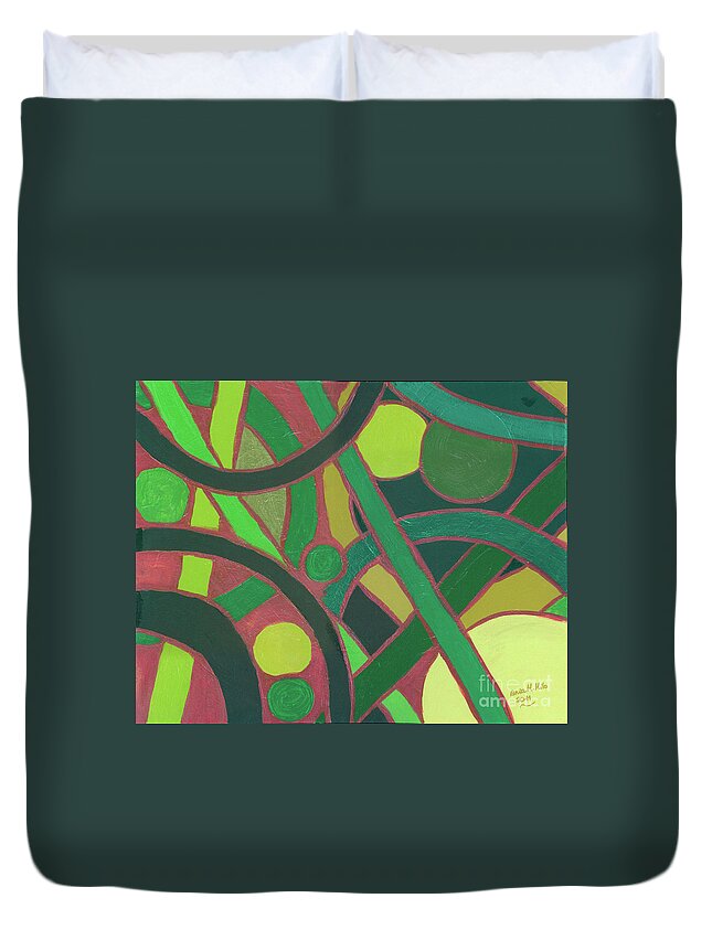 Geometric Duvet Cover featuring the painting Geometric Study Green on Copper by Ania M Milo