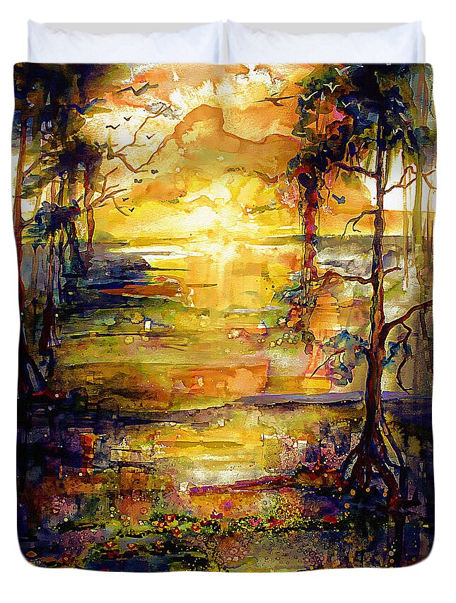Landscape Duvet Cover featuring the painting Georgia Okefenokee Land of Trembling Earth by Ginette Callaway