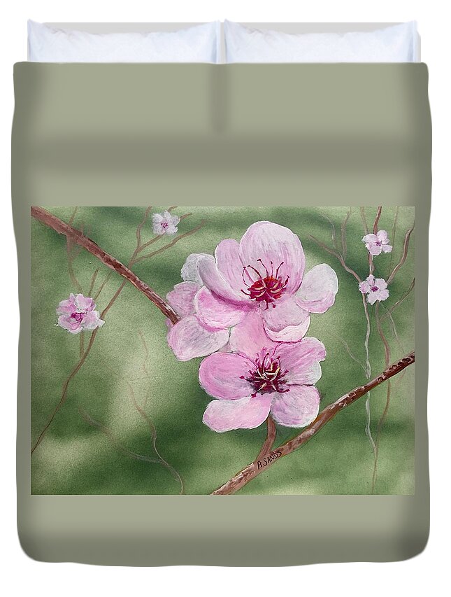 Georgia Peach Duvet Cover featuring the painting Georgia Peach Blossoms by Anne Sands