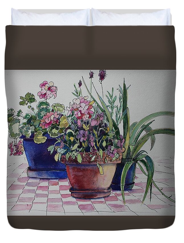 Flowers Duvet Cover featuring the painting Geraniums and Pansies by Ruth Kamenev