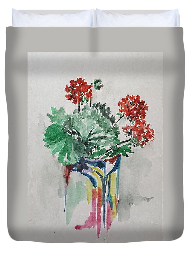 Leaves Duvet Cover featuring the painting Geraniums by Rita Fetisov