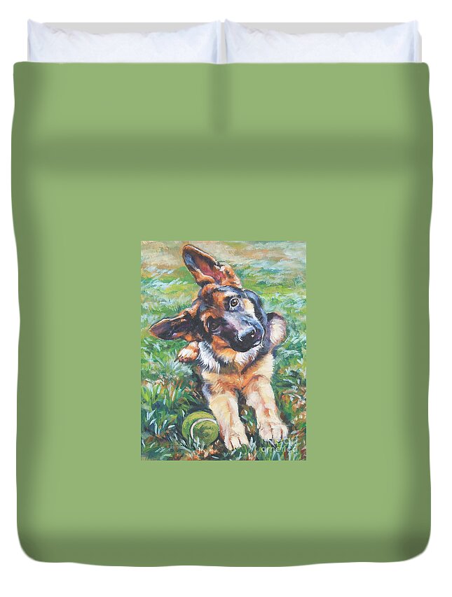 Dog Duvet Cover featuring the painting German shepherd pup with ball by Lee Ann Shepard