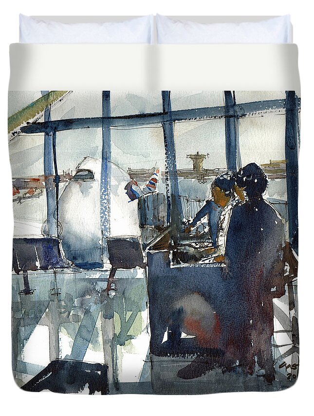 Airplane Duvet Cover featuring the painting Getting it out on time by Gaston McKenzie