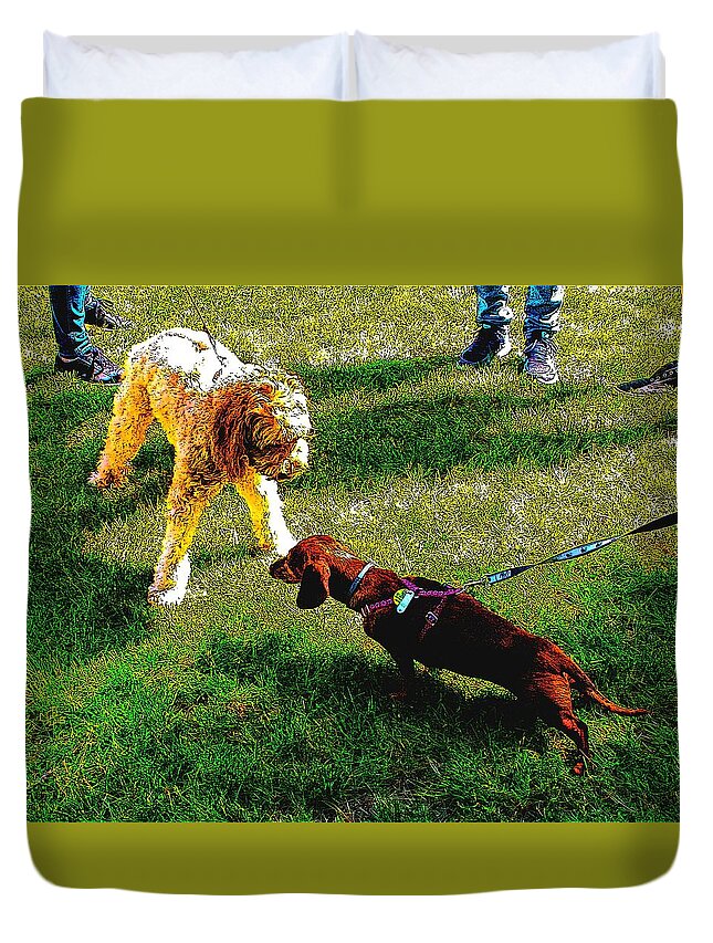 Dogs Duvet Cover featuring the digital art Getting to Know You by Cliff Wilson