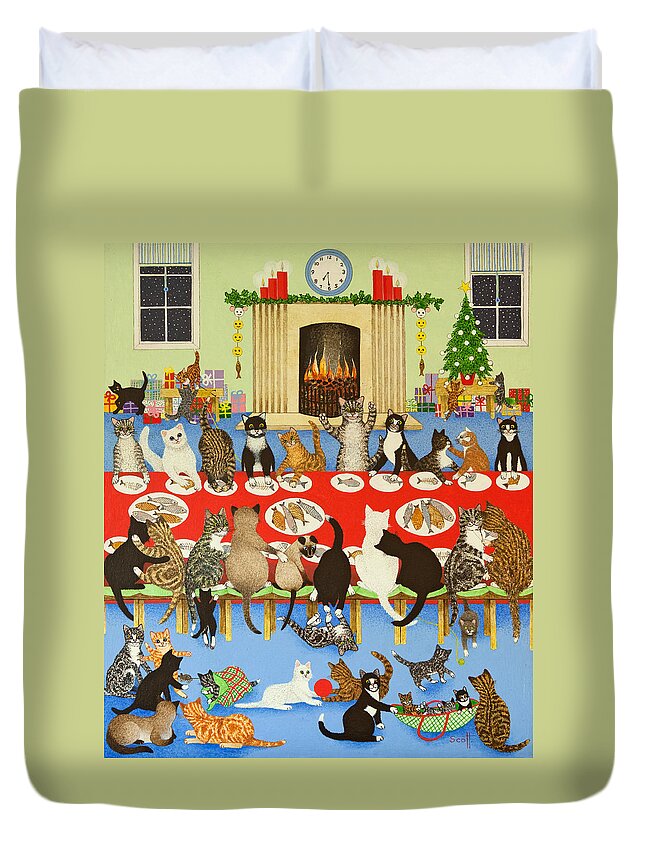 Christmas Duvet Cover featuring the painting Getting Together by Pat Scott