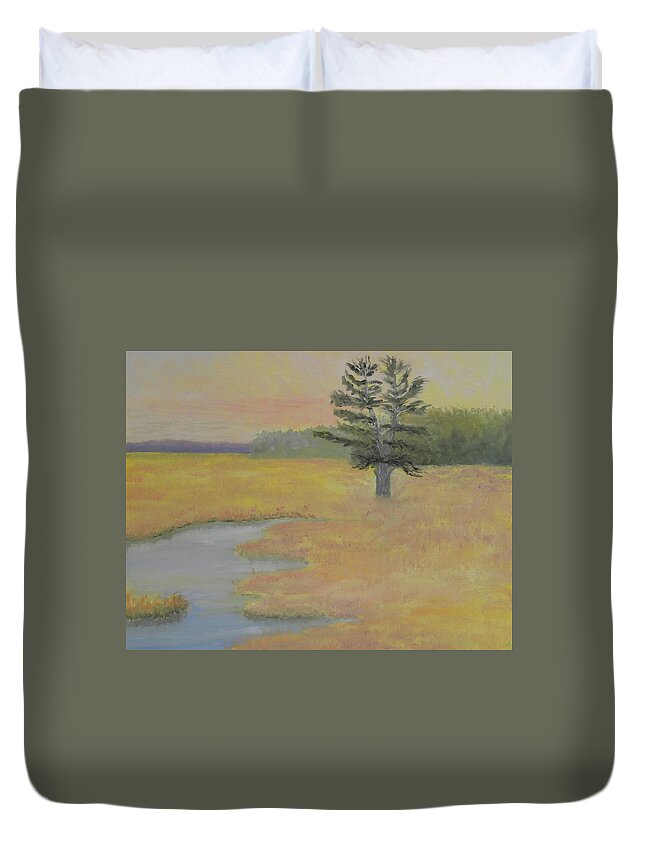 Landscape Marshes Water Maine Bristol Trees Sunrise Duvet Cover featuring the painting Giant in the Marsh by Scott W White