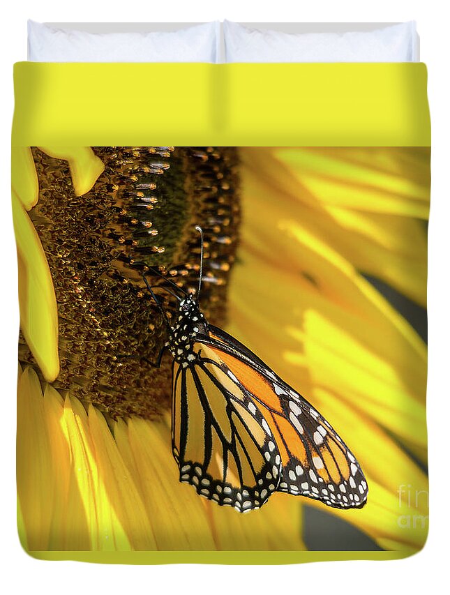 Cheryl Baxter Photography Duvet Cover featuring the photograph Giant Sunflower with Monarch by Cheryl Baxter