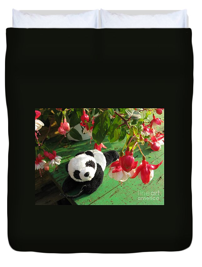 Baby Panda Duvet Cover featuring the photograph Ginny Under The Red And White Fuchsia by Ausra Huntington nee Paulauskaite