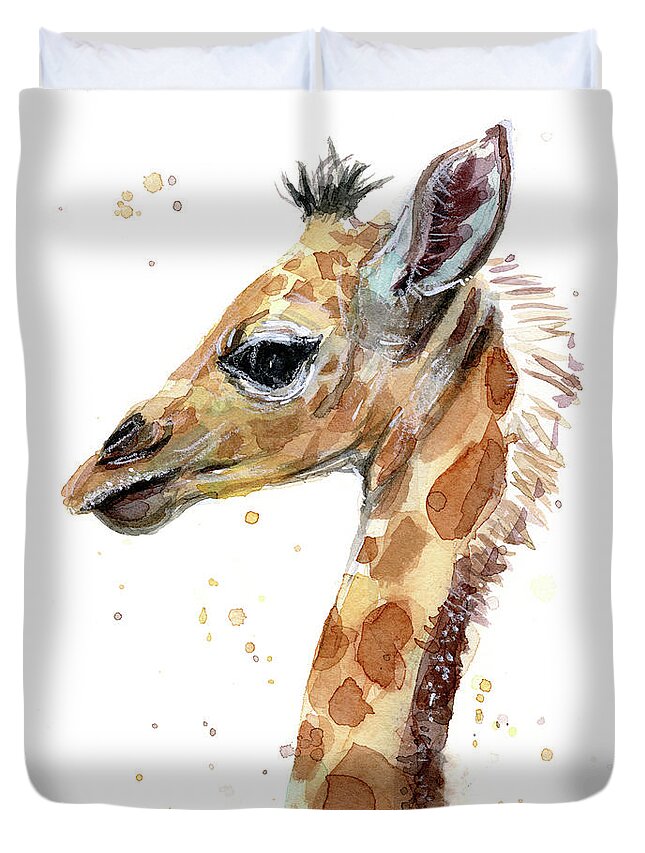 Giraffe Duvet Cover featuring the painting Giraffe Baby Watercolor by Olga Shvartsur