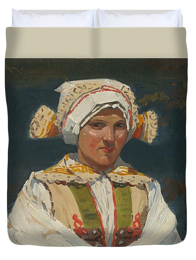 Folklore Theme Duvet Cover featuring the painting Girl in costume, Antos Frolka, 1910 by Vincent Monozlay