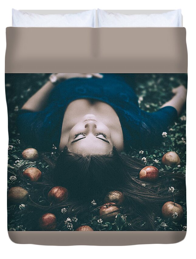 Woman Duvet Cover featuring the photograph Girl in the Dark Forest by Inna Mosina