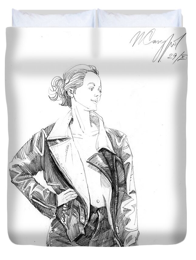 Igor Sakurov Duvet Cover featuring the drawing Girl in the Leather Jacket by Igor Sakurov