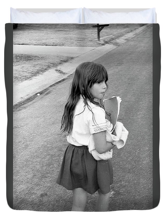 School Duvet Cover featuring the photograph Girl Returns Home from School, 1971 by Jeremy Butler