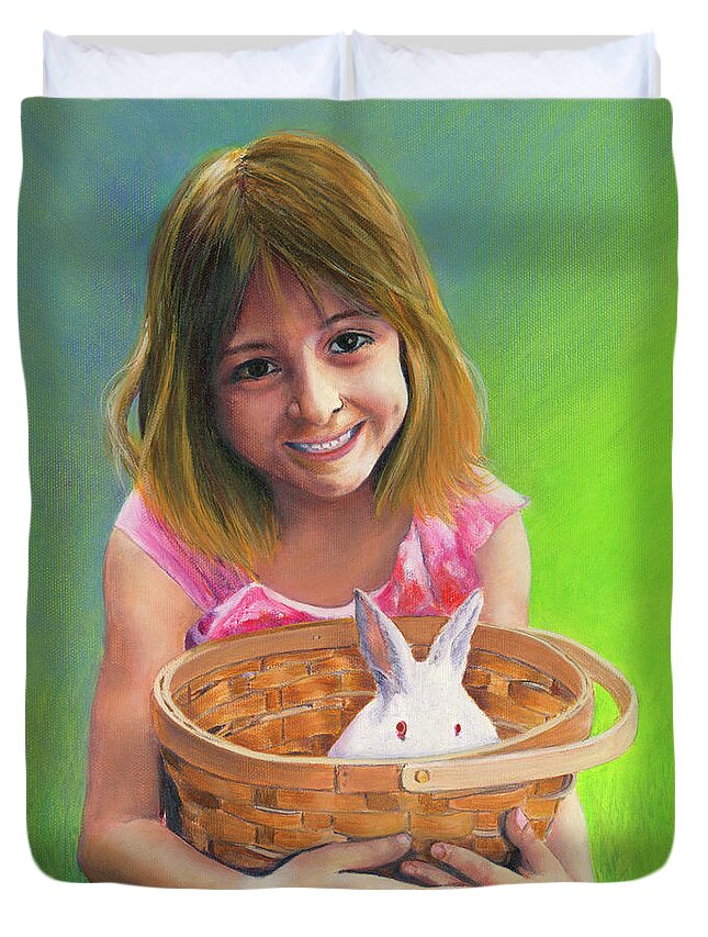 Girl Duvet Cover featuring the painting Girl with a Bunny by Jeanette French