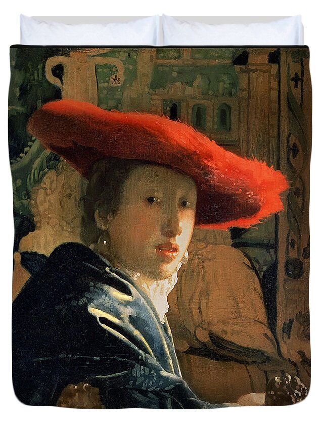 Vermeer Duvet Cover featuring the painting Girl with a Red Hat by Jan Vermeer