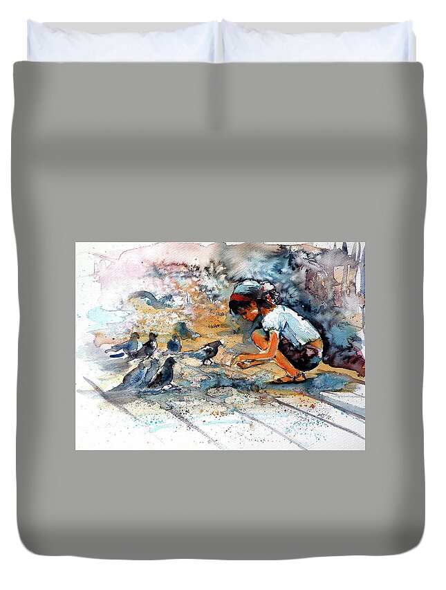 Girl Duvet Cover featuring the painting Girl with birds by Kovacs Anna Brigitta