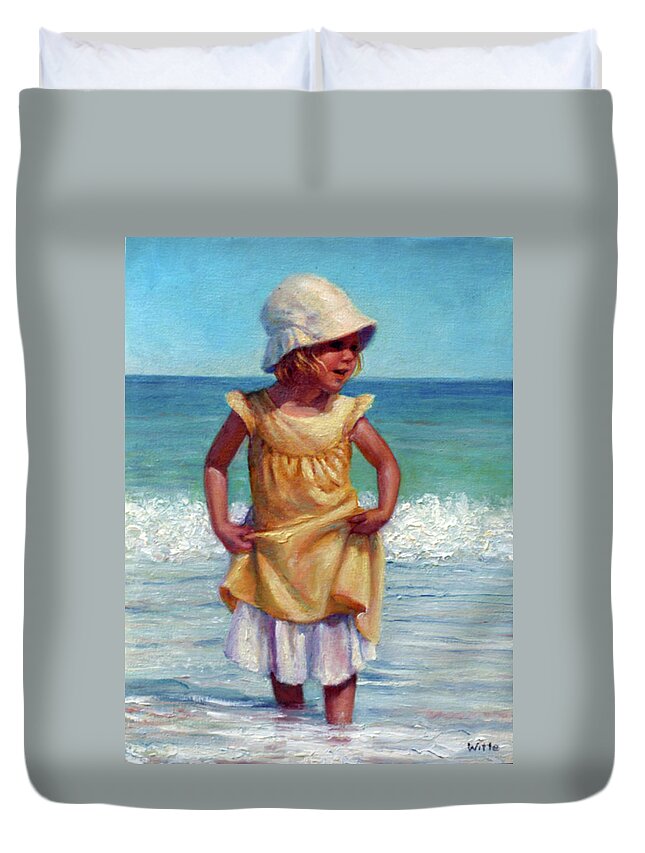 Children At The Beach Duvet Cover featuring the painting Girl with Bonnet by Marie Witte