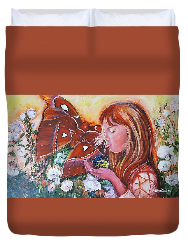 Girl Duvet Cover featuring the painting Girl with butterflies by Rita Fetisov