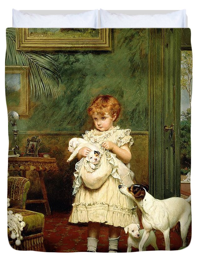Girl With Dogs Duvet Cover featuring the painting Girl with Dogs by Charles Burton Barber