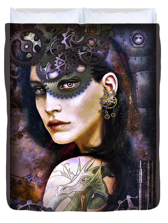 Surreal Duvet Cover featuring the digital art Girl with Dragon Tattoo by Kathy Kelly