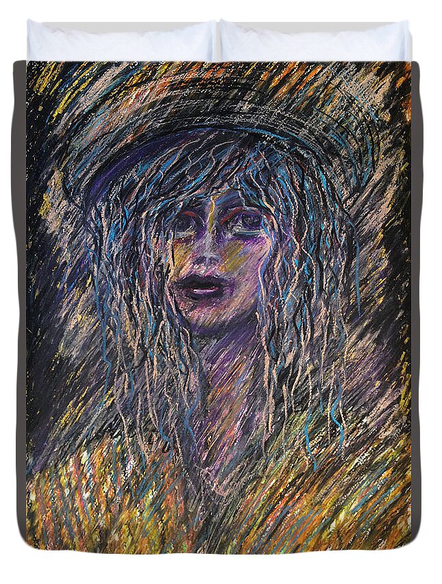 Original Art Pastel Chalk Drawing Long Hair Girl Hat Duvet Cover featuring the pastel Girl with Hat by Katt Yanda