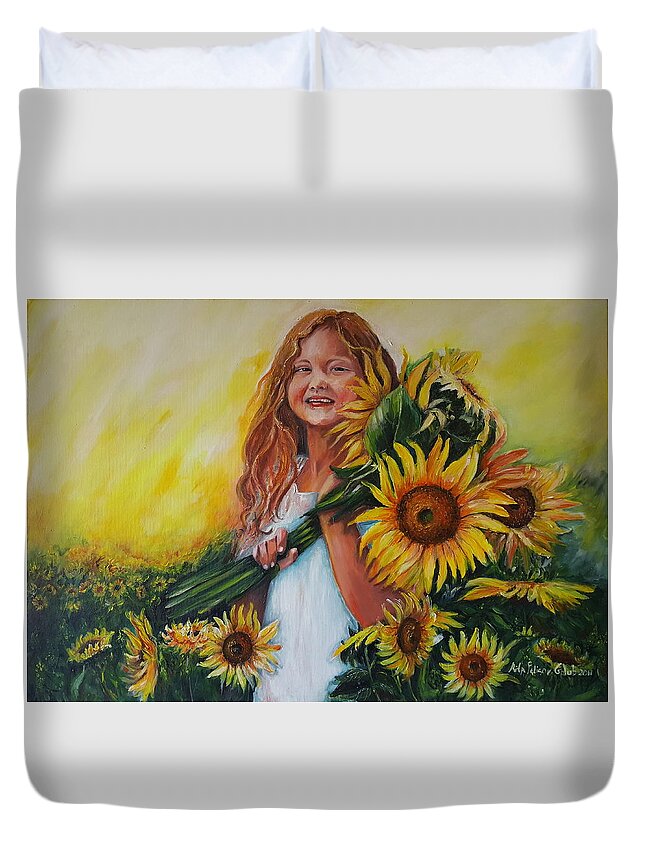 Art Duvet Cover featuring the painting Girl with Sunflowers by Rita Fetisov