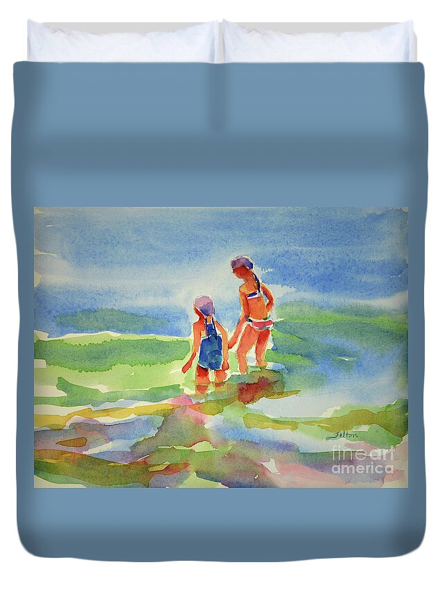 Paintings Duvet Cover featuring the painting Girlfriends at the ocean by Julianne Felton