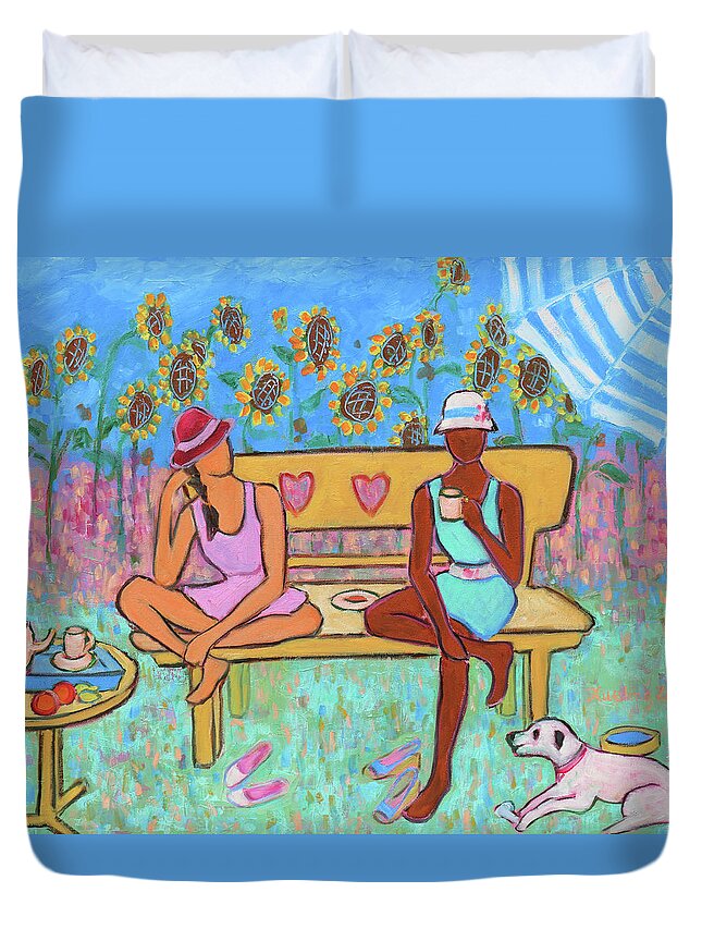 Figurative Duvet Cover featuring the painting Girlfriends' Teatime III by Xueling Zou