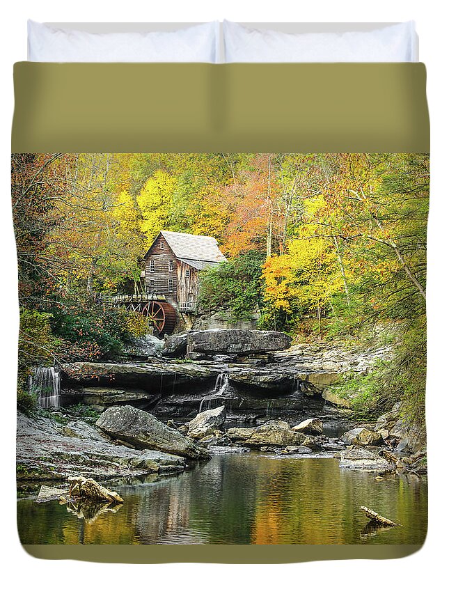 Glade Creek Duvet Cover featuring the photograph Glade Creek Grist Mill #1 by Tom and Pat Cory