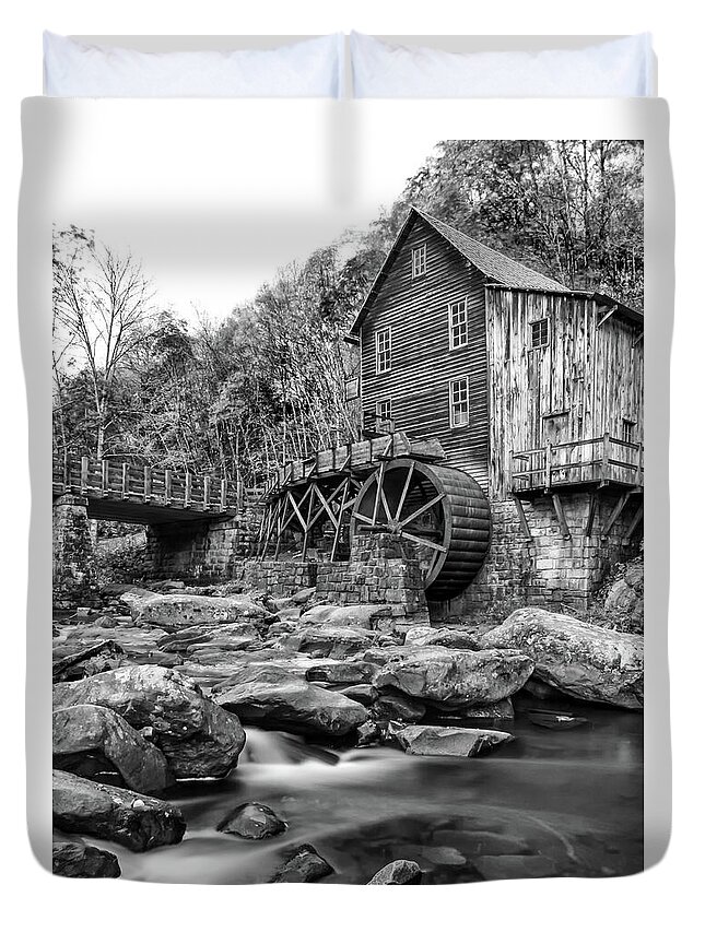 Babcock State Park Duvet Cover featuring the photograph Glade Creek Mill in Black and White by Norma Brandsberg
