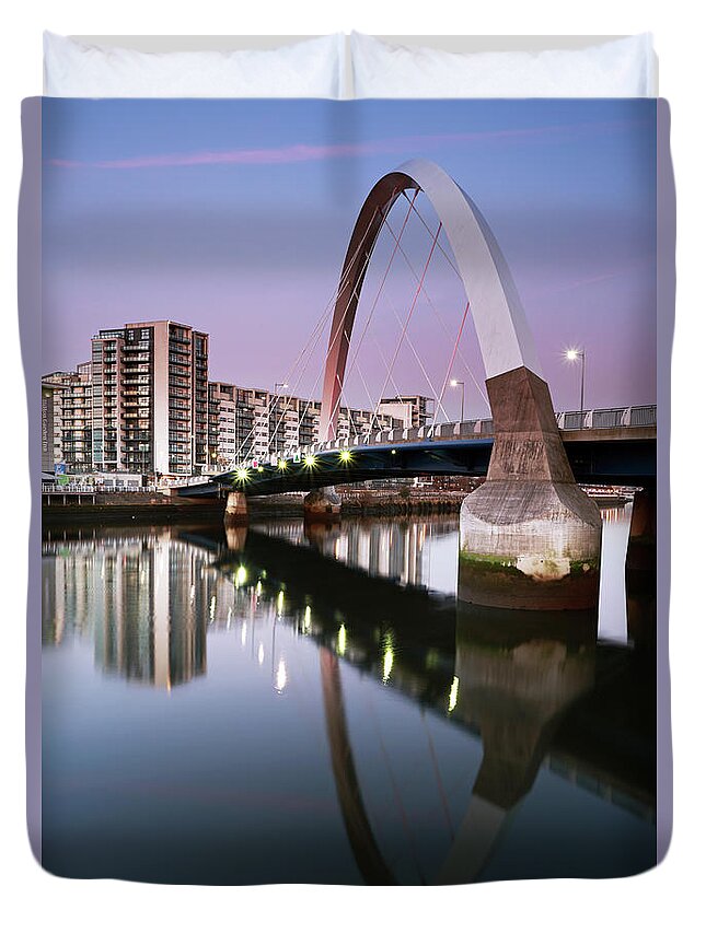 Glasgow Clyde Arc Duvet Cover featuring the photograph Glasgow Clyde Arc Bridge at Sunset by Maria Gaellman
