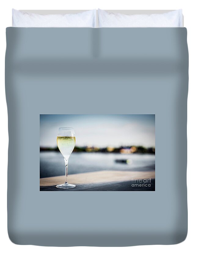 Alcohol Duvet Cover featuring the photograph Glass Of Champagne At Modern Outdoor Bar At Sunset by JM Travel Photography