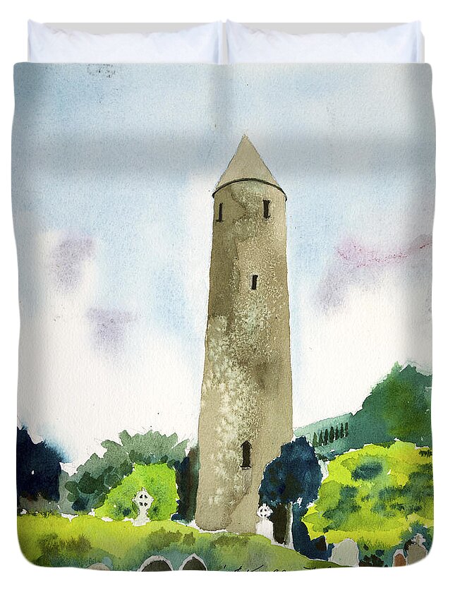  Duvet Cover featuring the painting Glendalough Tower by Kathleen Barnes