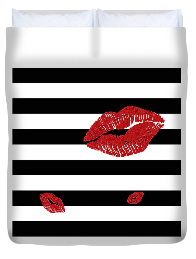 Glitter Red Lips On Black And White Stripes Duvet Cover For Sale