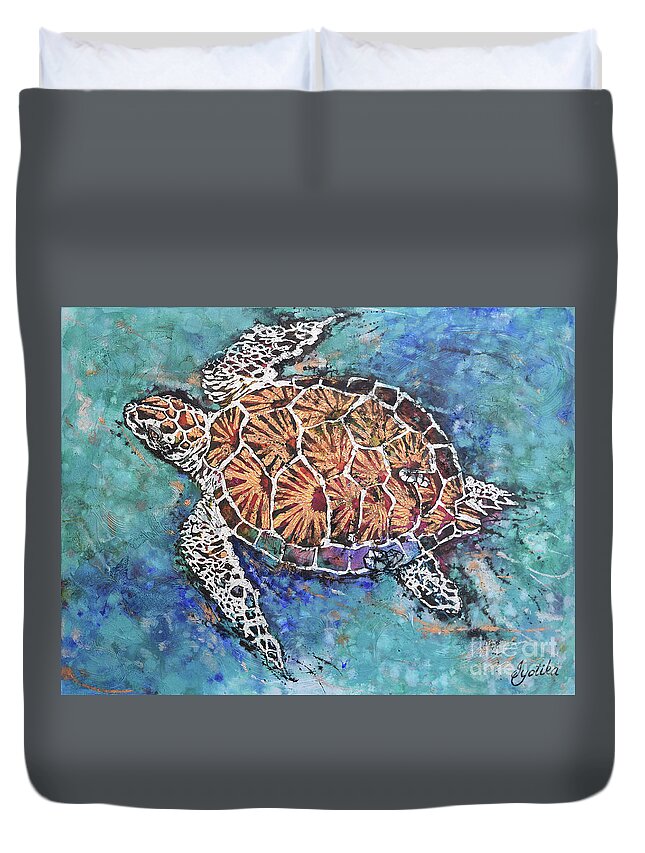 Marine Animals Duvet Cover featuring the painting Glittering Turtle by Jyotika Shroff