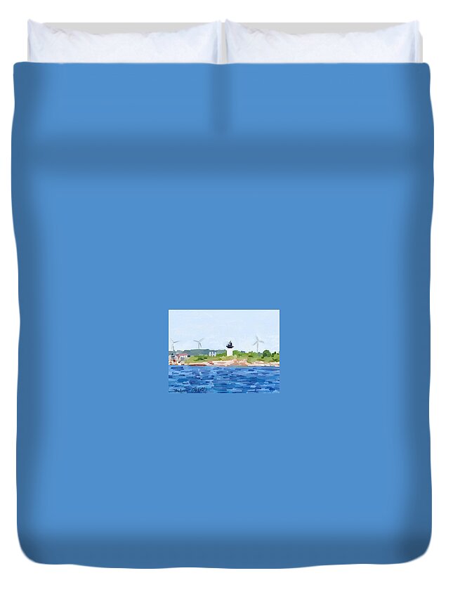 Ten Pound Island Lighthouse Duvet Cover featuring the painting Gloucester MA Skyline from Harbor by Melissa Abbott