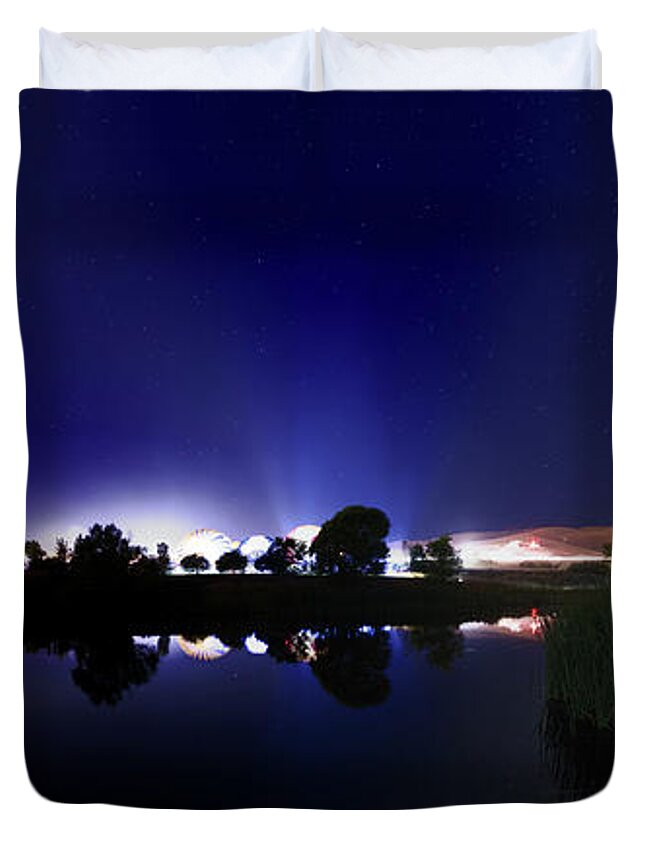 Balloon Race Duvet Cover featuring the photograph Glow Show Panorama of the 35th Annual Great Reno Balloon Race from across the Pond with Light Trails by Brian Ball